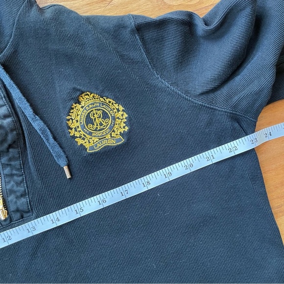 Lauren Ralph Lauren Black Half-Zip Funnel Neck Sweatshirt with Gold Crest Emblem - Picture 9 of 12